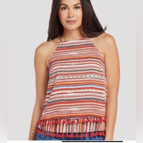 Anthropologie Sunday in Brooklyn Desert Striped Tassel Tank Evereve Rust Size XS - Picture 1 of 7